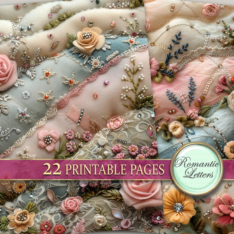 K&ouml;nnte beinhalten: Ein digitales Papierpaket mit 22 druckbaren Seiten, die eine Collage aus zarten Stickereien mit Blumenmotiven in Rosa, Blau und Gr&uuml;n zeigen. Der Text "Romantic Letters" ist auf dem Bild zu sehen.