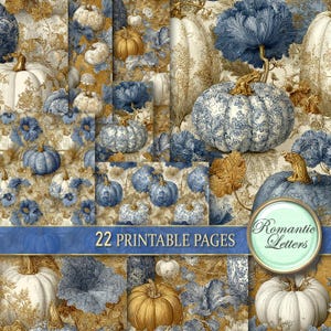 May include: A collection of 22 printable pages featuring a fall theme. The design includes pumpkins in shades of blue, white, and gold, with floral and leaf accents. The text "22 PRINTABLE PAGES" is displayed on a blue banner.