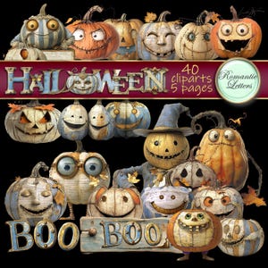 May include: A collection of whimsical Halloween-themed pumpkin clip art. The pumpkins feature various expressions and designs, including stripes, stitched details, and friendly faces. The image includes the word "Halloween" and "Boo Boo".