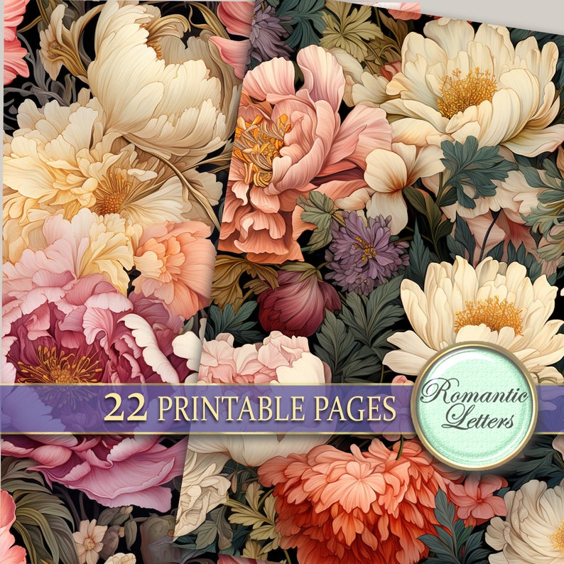 Pu&ograve; includere: Un download digitale di 22 pagine stampabili con un motivo floreale con peonie rosa, bianche e pesca e altri fiori su sfondo nero. Il testo "Romantic Letters" &egrave; in un cerchio sul lato destro dell'immagine. Il testo "22 Printable Pages" &egrave; in uno stendardo dorato al centro dell'immagine.
