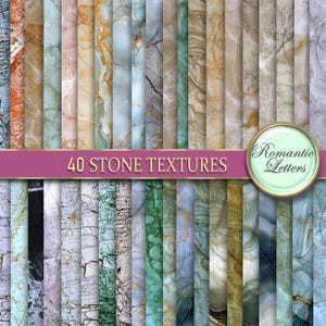 May include: 40 different stone textures in a collage. Each texture is a vertical strip of a different type of stone, including marble, granite, and slate. The colors are mostly light blue, gray, and brown.