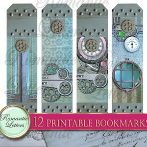 Puede incluir: Doce marcadores imprimibles con un dise&ntilde;o steampunk con engranajes, esferas de reloj y detalles met&aacute;licos en tonos azules, grises y marrones.