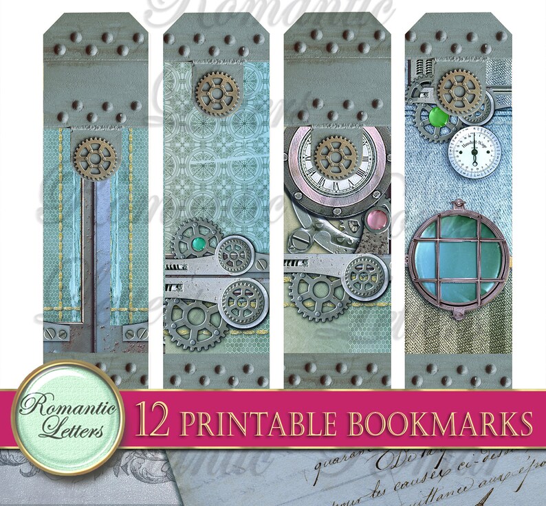 Puede incluir: Doce marcadores imprimibles con un dise&ntilde;o steampunk con engranajes, esferas de reloj y detalles met&aacute;licos en tonos azules, grises y marrones.