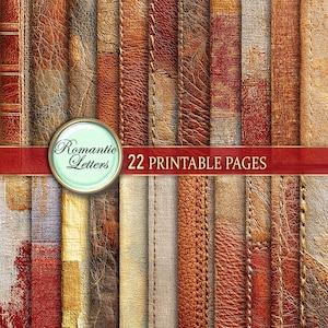 Puede incluir: Un collage de varias texturas de cuero en tonos marrones, beige y rojos. La imagen incluye un emblema circular con las palabras "Romantic Letters" y el texto "22 PRINTABLE PAGES" en una pancarta roja.