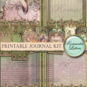 Pode incluir: Kit de di&aacute;rio imprim&iacute;vel com uma est&eacute;tica vintage. O kit inclui uma variedade de elementos, como uma mulher com um vestido rosa, um design floral e um padr&atilde;o de renda. O kit tamb&eacute;m inclui o texto "Cartas rom&acirc;nticas" e "Kit de di&aacute;rio imprim&iacute;vel".