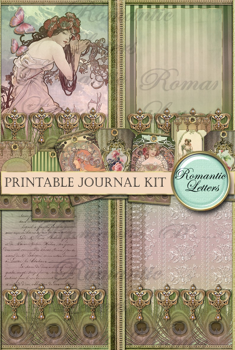 Pode incluir: Kit de di&aacute;rio imprim&iacute;vel com uma est&eacute;tica vintage. O kit inclui uma variedade de elementos, como uma mulher com um vestido rosa, um design floral e um padr&atilde;o de renda. O kit tamb&eacute;m inclui o texto "Cartas rom&acirc;nticas" e "Kit de di&aacute;rio imprim&iacute;vel".