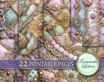 Digital printable scrapbook paper pack Shabby chic Patchwork fabric stitched printable craft paper Victorian embroidery tufted silk