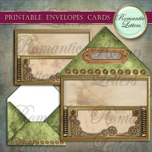 K&ouml;nnte beinhalten: Druckbare Umschl&auml;ge und Karten im Steampunk-Design. Die Umschl&auml;ge sind gr&uuml;n mit goldenen Akzenten und haben einen Vintage-Look. Die Karten sind wei&szlig; mit goldenen Rand und haben Platz zum Schreiben. Der Text "Romantic Letters" ist auf dem Bild.