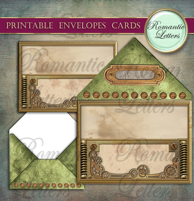 K&ouml;nnte beinhalten: Druckbare Umschl&auml;ge und Karten im Steampunk-Design. Die Umschl&auml;ge sind gr&uuml;n mit goldenen Akzenten und haben einen Vintage-Look. Die Karten sind wei&szlig; mit goldenen Rand und haben Platz zum Schreiben. Der Text "Romantic Letters" ist auf dem Bild.