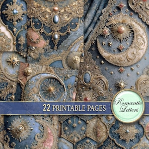 Puede incluir: Un collage de diseños ornamentados de estilo vintage en tonos azules, dorados y rosas. La imagen presenta patrones intrincados, motivos celestiales, adornos tipo joyería y el texto "22 PRINTABLE PAGES" y "Romantic Letters".
