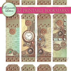 May include: Twelve printable bookmarks featuring a steampunk design with gears, clocks, and metallic accents. The bookmarks are in shades of brown, green, and blue.