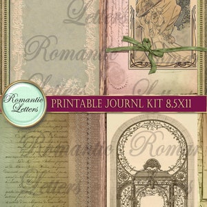 May include: Printable journal kit with four pages featuring vintage illustrations and text. The pages include a green background with gold accents, a woman playing a harp, a handwritten letter, and a detailed drawing of an ornate archway.