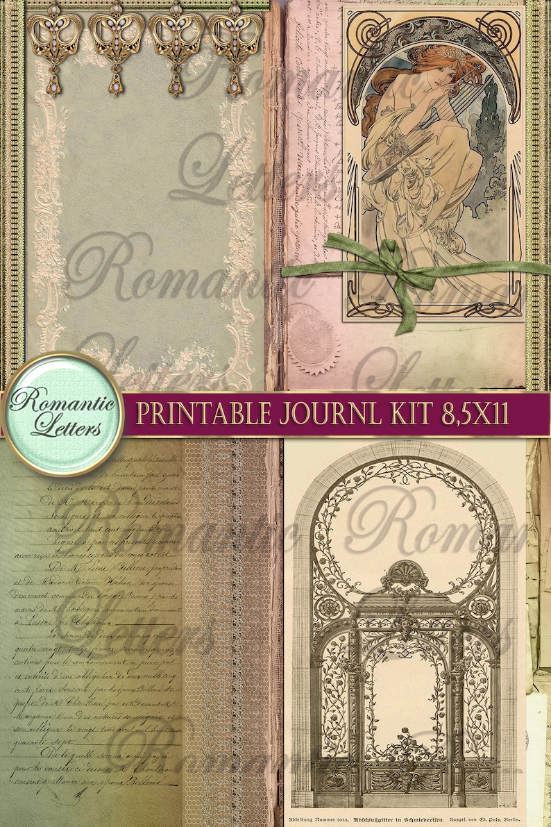 May include: Printable journal kit with four pages featuring vintage illustrations and text. The pages include a green background with gold accents, a woman playing a harp, a handwritten letter, and a detailed drawing of an ornate archway.