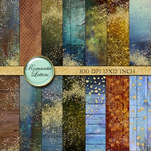 May include: A set of 12 digital paper backgrounds featuring a rustic wood grain texture with gold glitter and various patterns, including hearts and stars. The papers are 12x12 inches and 300 DPI.  Romantic Letters.