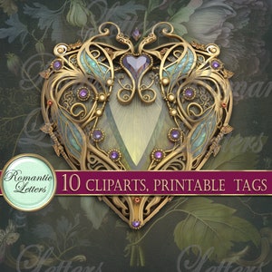May include: A gold heart-shaped frame with intricate details, adorned with purple and white gems. The frame has a green and blue background and a central jewel. The text "10 CLIPARTS, PRINTABLE TAGS" is displayed below the frame.