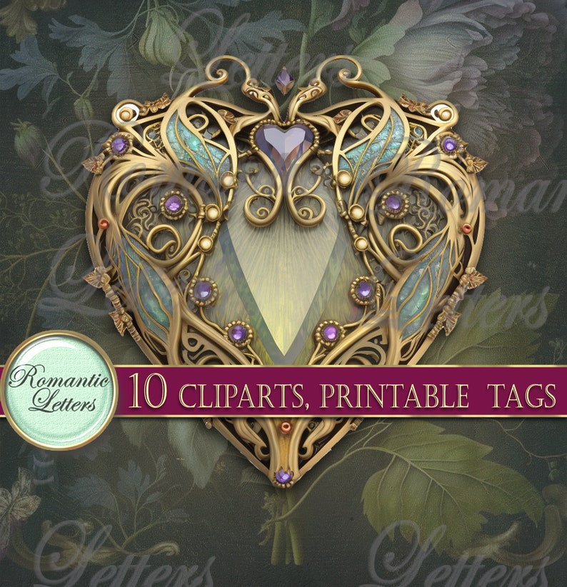 May include: A gold heart-shaped frame with intricate details, adorned with purple and white gems. The frame has a green and blue background and a central jewel. The text "10 CLIPARTS, PRINTABLE TAGS" is displayed below the frame.