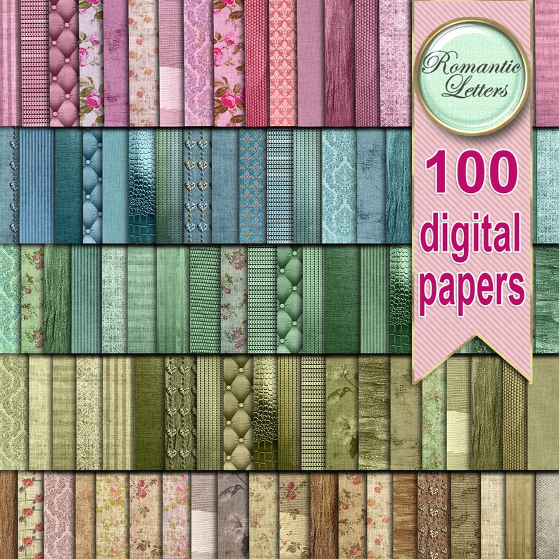 May include: A collection of 100 digital papers featuring a variety of patterns and textures in shades of pink, blue, green, and brown. The papers include floral designs, geometric patterns, and textured surfaces. The text "Romantic Letters" and "100 digital papers" is displayed on the image.