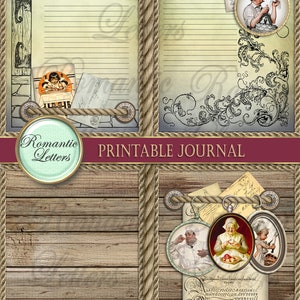 Pu&ograve; includere: Pagine di diario stampabili con uno sfondo in legno rustico, bordi in corda e illustrazioni vintage. Le pagine presentano un carattere di scrittura a mano e il testo "Lettere romantiche" e "Diario stampabile".