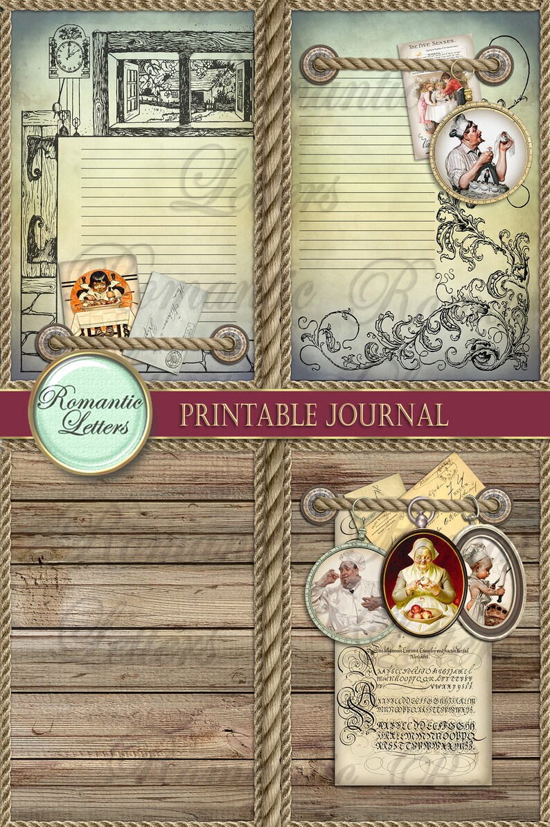Pu&ograve; includere: Pagine di diario stampabili con uno sfondo in legno rustico, bordi in corda e illustrazioni vintage. Le pagine presentano un carattere di scrittura a mano e il testo "Lettere romantiche" e "Diario stampabile".