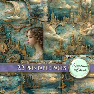 Digital printable scrapbook paper pack Magic forest castle Patchwork fabric printable craft paper embroidery quilt junk journal pages