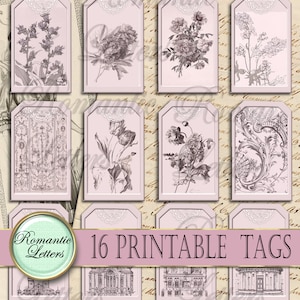 May include: A collection of sixteen rectangular tags featuring light pink borders and intricate dark gray illustrations of flowers, architectural details, and ornate patterns. A horizontal pink banner displays the text 16 PRINTABLE TAGS.