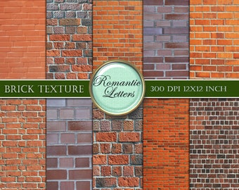 May include: Six different brick textures in red, orange, brown, and gray. Each texture is 12x12 inches and 300 DPI. Brick Texture, Romantic Letters.