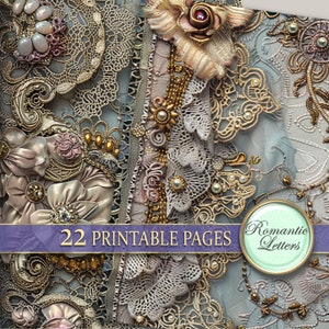 Victorian Digital printable junk journal pages scrapbook paper pack Shabby chik baroque luxury printable craft paper embroidery golden lace image 2