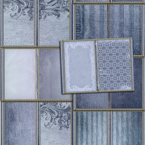 May include: A set of 25 printable book spreads featuring various blue and gray patterns, including floral designs, stripes, and geometric shapes. The text "Romantic Letters" and "25 Printable Book Spreads" are visible in the image.