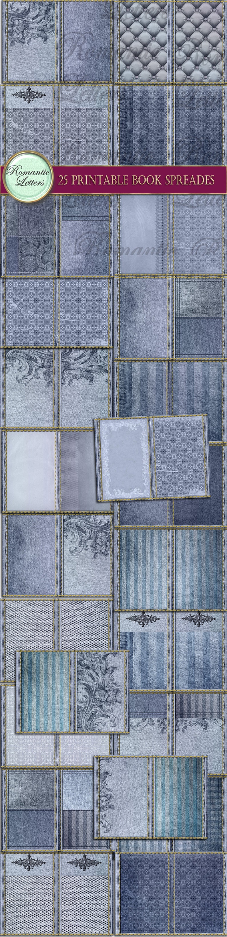 May include: A set of 25 printable book spreads featuring various blue and gray patterns, including floral designs, stripes, and geometric shapes. The text "Romantic Letters" and "25 Printable Book Spreads" are visible in the image.
