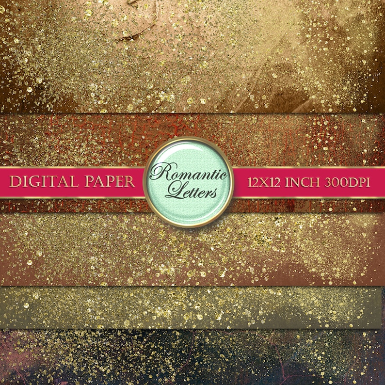 Puede incluir: Conjunto de cuatro papeles digitales con una textura de purpurina dorada sobre un fondo marr&oacute;n, rojo y negro. Los papeles miden 30,5 x 30,5 cm y 300 DPI. El texto "Romantic Letters" est&aacute; en un c&iacute;rculo verde.