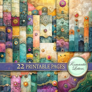 May include: A digital collage of 22 printable pages featuring a patchwork design with jewel-toned gems, gold accents, and intricate patterns. The text "22 Printable Pages" and "Romantic Letters" is included in the image.