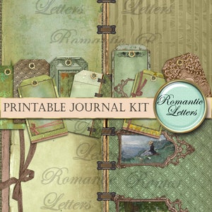 May include: A printable journal kit with a vintage aesthetic. The design features a collage of green and beige backgrounds, decorative tags, and framed artwork. The text "Romantic Letters" and "Printable Journal Kit" are visible.