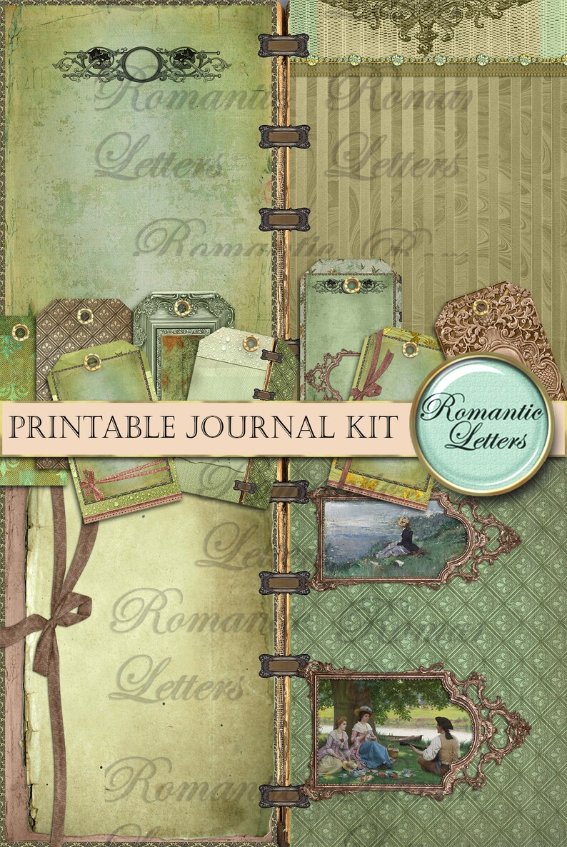 May include: A printable journal kit with a vintage aesthetic. The design features a collage of green and beige backgrounds, decorative tags, and framed artwork. The text "Romantic Letters" and "Printable Journal Kit" are visible.