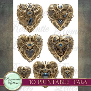 May include: Ten printable tags featuring intricate gold steampunk heart designs with blue gears and accents. Each heart has a unique design and is perfect for adding a touch of vintage charm to your projects.