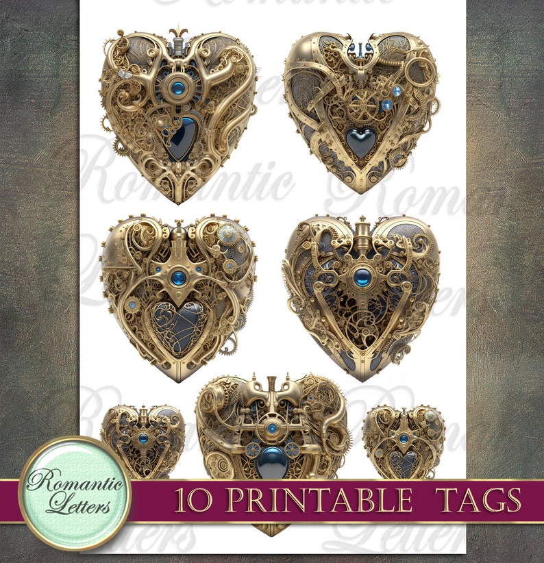 May include: Ten printable tags featuring intricate gold steampunk heart designs with blue gears and accents. Each heart has a unique design and is perfect for adding a touch of vintage charm to your projects.