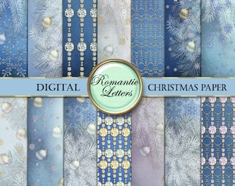 Digital paper Christmas scrapbook paper digital backdrop printable Christmas digital background Christmas tree snowflake digital paper blue