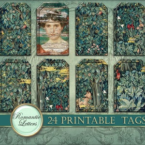 May include: 24 printable tags featuring a vintage tapestry design with a green, blue, and gold color scheme. The design includes a repeating pattern of leaves, flowers, and a bird.