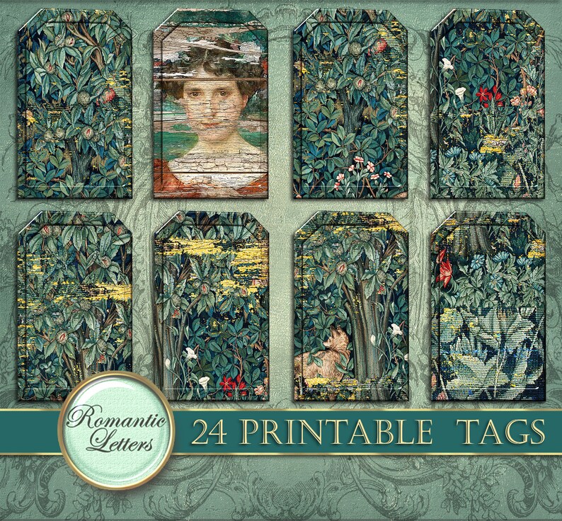 May include: 24 printable tags featuring a vintage tapestry design with a green, blue, and gold color scheme. The design includes a repeating pattern of leaves, flowers, and a bird.