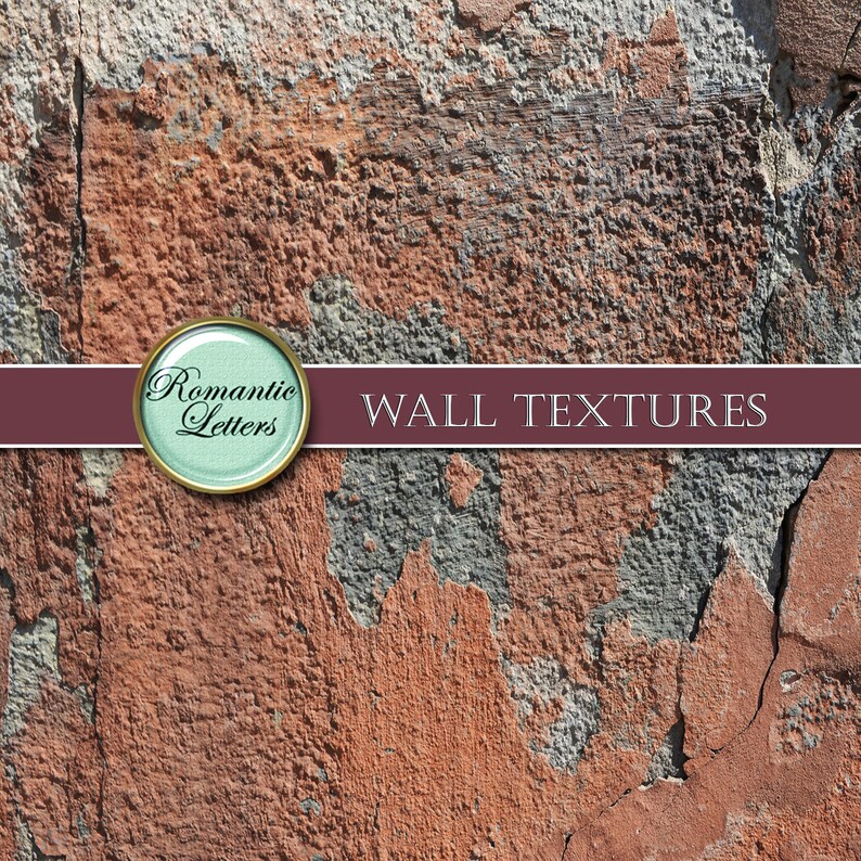 May include: A close-up of a textured wall with peeling paint in shades of red, brown, and gray. The wall has a rough, uneven surface and shows signs of age and wear. The text "WALL TEXTURES" is displayed on a maroon banner.