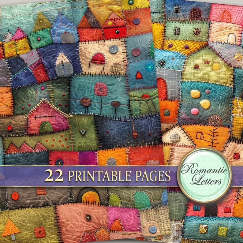 May include: A digital paper pack with 22 printable pages featuring a patchwork quilt design with various colors and textures. The quilt is made up of squares and rectangles with different patterns and designs. The text "Romantic Letters" is visible in the image.