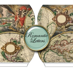 Puede incluir: Una caja de estilo vintage con un dise&ntilde;o de globo terr&aacute;queo y las palabras "Romantic Letters" en un c&iacute;rculo. La caja est&aacute; hecha de papel y tiene un dise&ntilde;o decorativo.