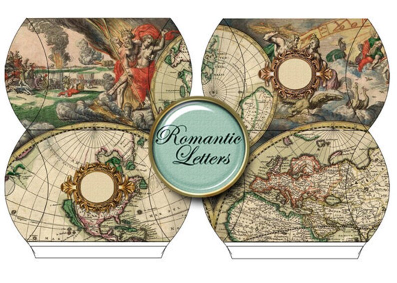 Puede incluir: Una caja de estilo vintage con un dise&ntilde;o de globo terr&aacute;queo y las palabras "Romantic Letters" en un c&iacute;rculo. La caja est&aacute; hecha de papel y tiene un dise&ntilde;o decorativo.
