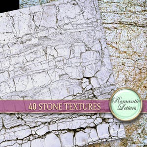 May include: A close-up of two stone textures, one white with cracks and the other brown with a rough surface. The text "40 STONE TEXTURES" is displayed on a pink ribbon.