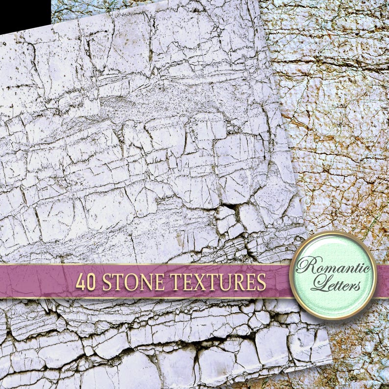 May include: A close-up of two stone textures, one white with cracks and the other brown with a rough surface. The text "40 STONE TEXTURES" is displayed on a pink ribbon.