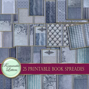 May include: A collage of 25 printable book spreads featuring various blue and gray patterns, including gingham, stripes, and floral designs. The text "Romantic Letters" and "25 Printable Book Spreads" are visible in the image.
