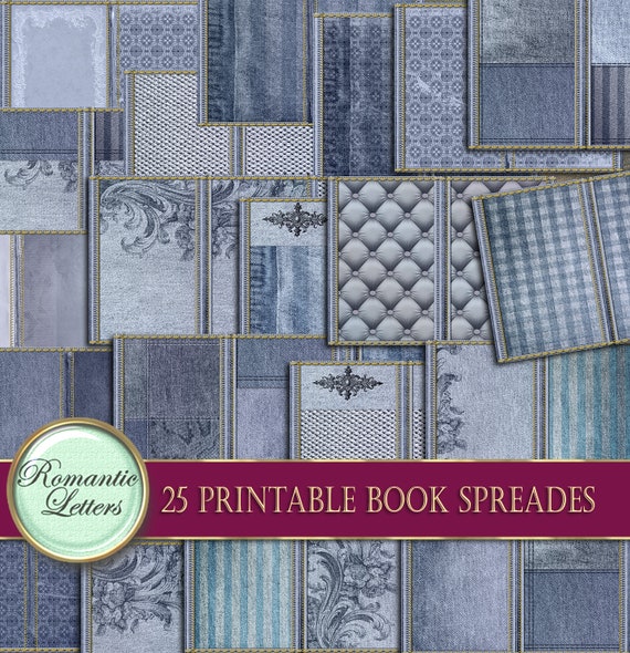 Printable Junk journal pages printable junk journal paper craft A4  8.5x11 mini album digital scrapbook background book spread denim jeans