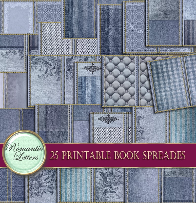 May include: A collage of 25 printable book spreads featuring various blue and gray patterns, including gingham, stripes, and floral designs. The text "Romantic Letters" and "25 Printable Book Spreads" are visible in the image.