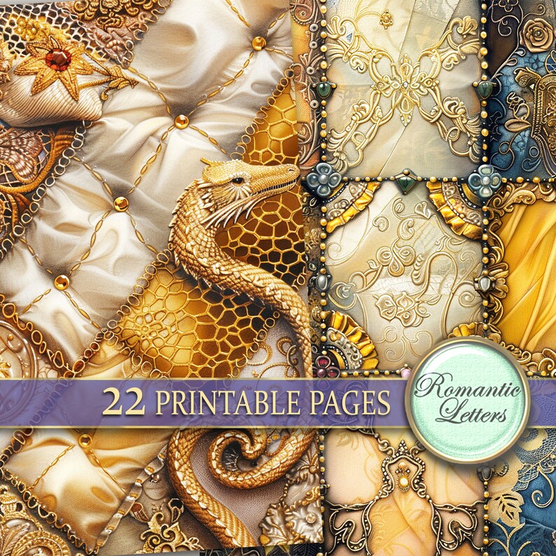 Digital printable scrapbook paper pack medieval fabric luxury craft paper gothic junk journal tufted silk antique gold Victorian paper A4 image 9