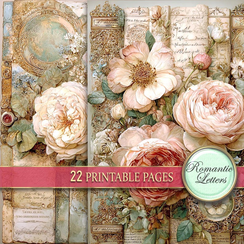 Rose Digital Scrapbook Paper Pack Printable Junk Journal Pages Shabby ...
