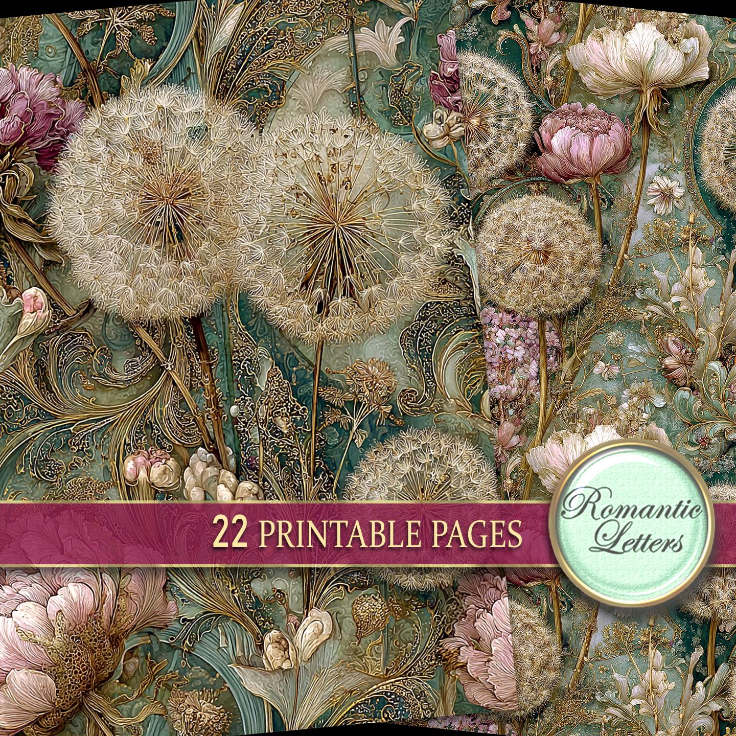 Dandelion Printable Digital Paper Floral Junk Journal Pages Scrapbook ...